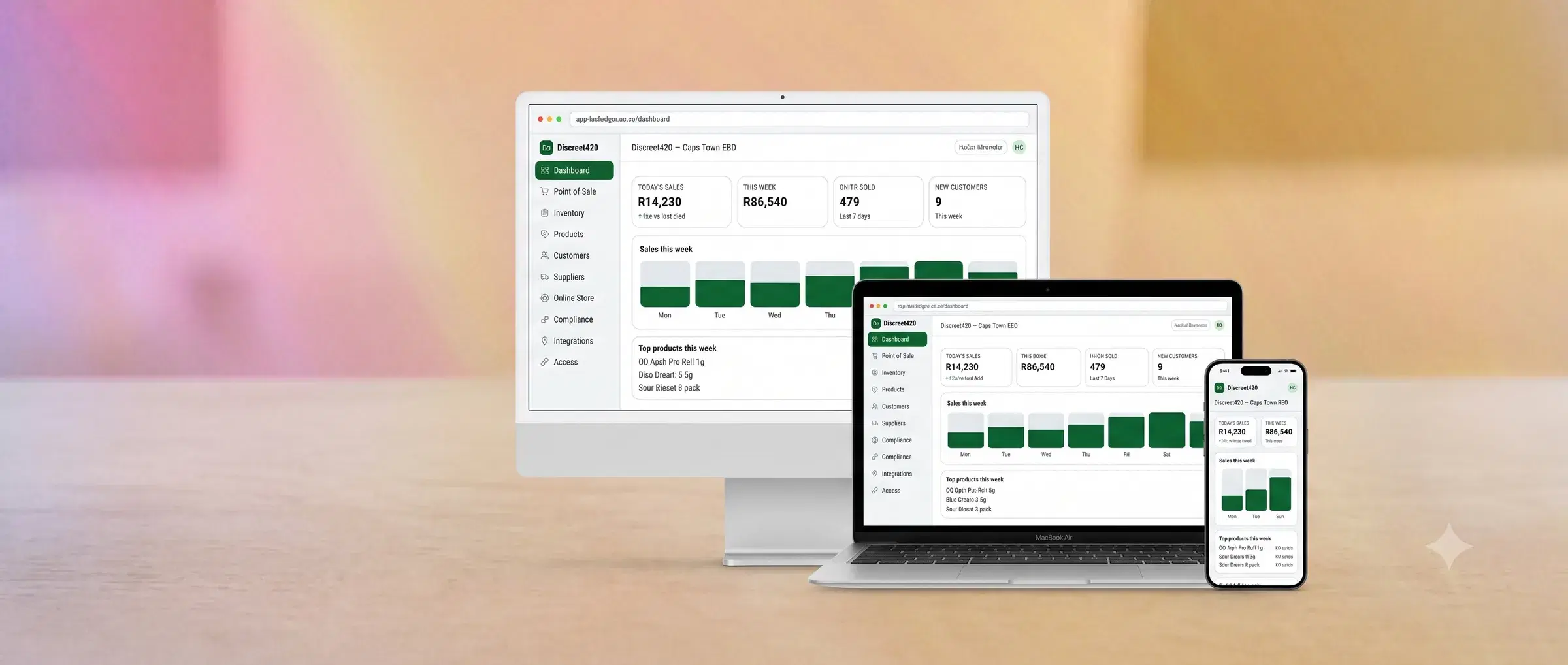 The LeafLedger dashboard shown on a desktop monitor, a laptop, and a phone